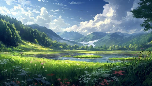 Sunlit alpine wetland rendered in luminous digital brushwork