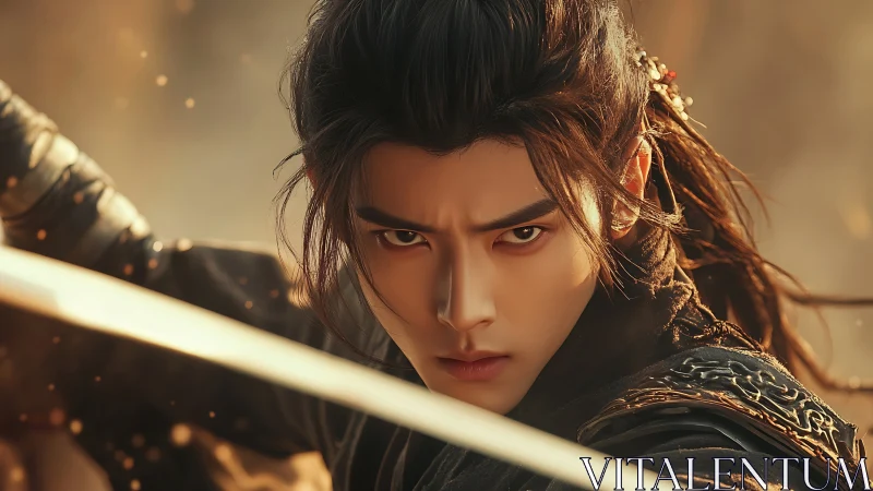 Warrior focuses intensely while raising sword in warm light