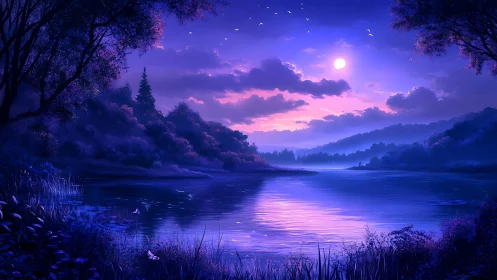 Moonlit lake glows softly beneath dreamy violet skies