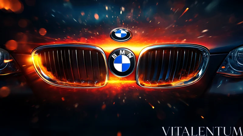BMW front grille close-up with fiery glowing light effects.