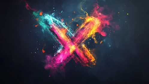 Neon comet crossroads exploding into a cosmic X of color.