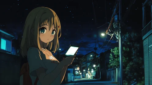 Quiet night walk with glowing phone and distant starlight.