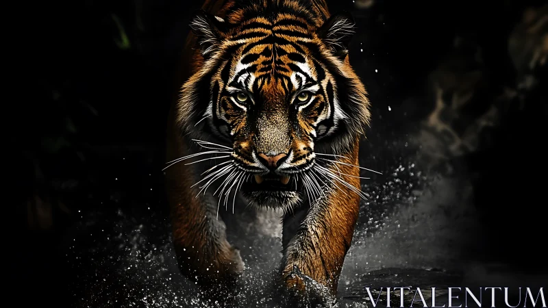 Tiger walks through shallow water in dramatic low key lighting