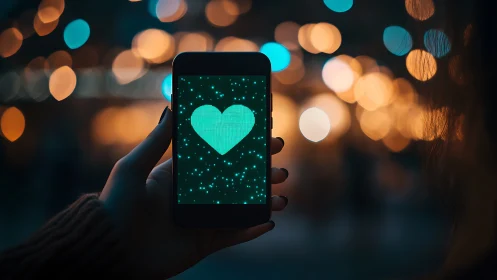 Smartphone display with heart icon against bokeh lights.