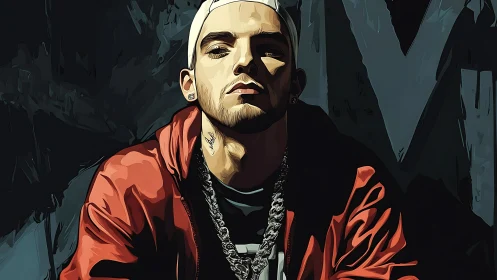 Urban portrait of confident rapper in red jacket artwork.