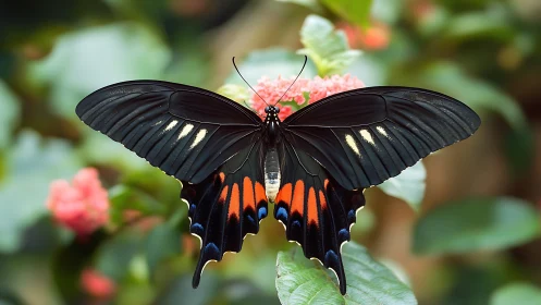 Black swallowtail butterfly spreads vivid wings on flower