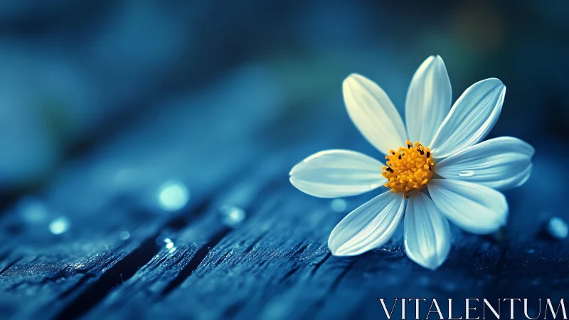 White flower macro on wet blue wooden plank surface.