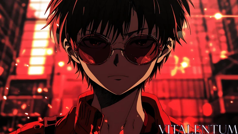 Red-lit anime youth with glasses in urban night setting.