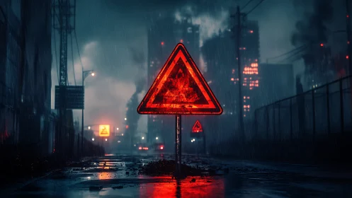 Glowing red warning sign cuts through a rainy city night