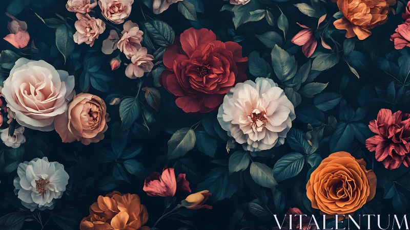 Vintage Floral Garden with Roses and Peonies on Deep Teal