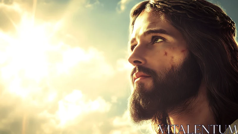 Bearded man with crown of thorns looking toward bright sun