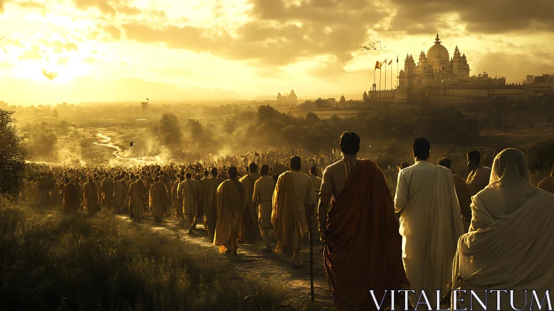 Golden pilgrimage toward a sunlit hilltop temple city.