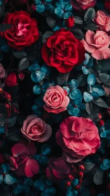 Deep Red Roses with Eucalyptus on Dark Background.