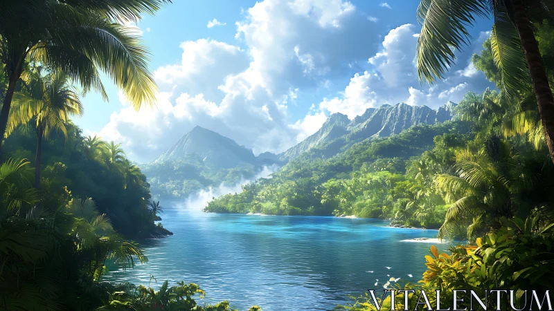 Tropical Paradise Valley: Mountain-Framed Lagoon with Verdant Canopy.