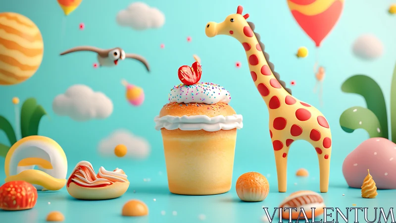 Whimsical 3D Playroom with Cupcake, Giraffe, and Toys.