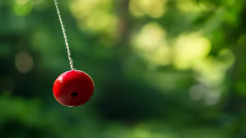 Red yo-yo hangs quietly against soft green bokeh backdrop.