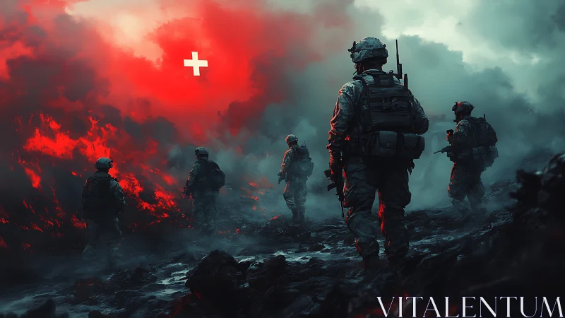 Armed soldiers advancing through red smoke on rough terrain.