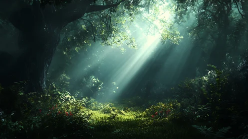 Verdant Cathedral: Crepuscular Light Through Ancient Forest Canopy.