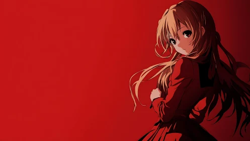 Warmhearted anime girl in red against a bold backdrop.