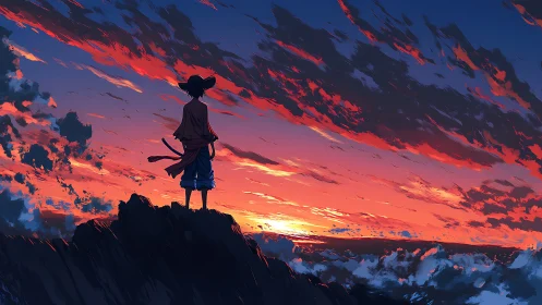 Lone wanderer overlooks a blazing ocean sunset sky