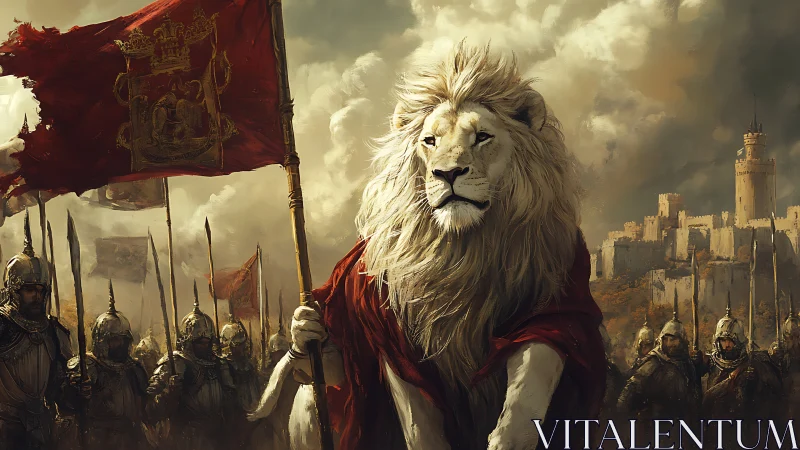 Regal white lion commands medieval army before citadel.