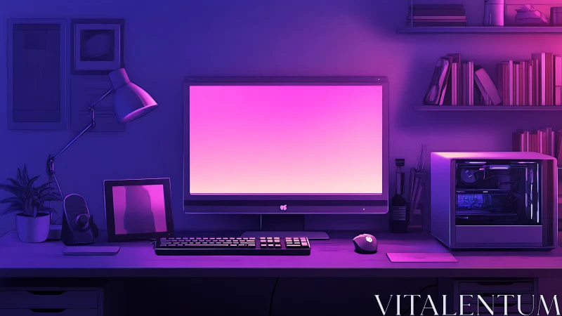 Neon-lit desktop sanctuary glowing in electric dusk hues.