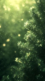 Glowing evergreen branches in soft golden winter light.