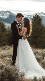 Bride and groom embrace in soft mountain sunset light