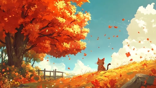 Digital painting of cat under radiant autumn maple canopy.