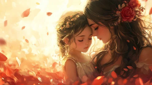 Mother and Child in Warm Luminescent Floral Petals.
