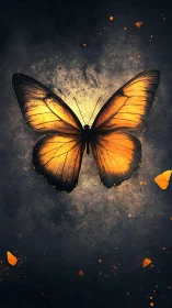 High-contrast orange butterfly rendered against textured dark nebula