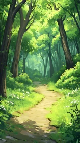 Sunlit Forest Path Through Ancient Trees
