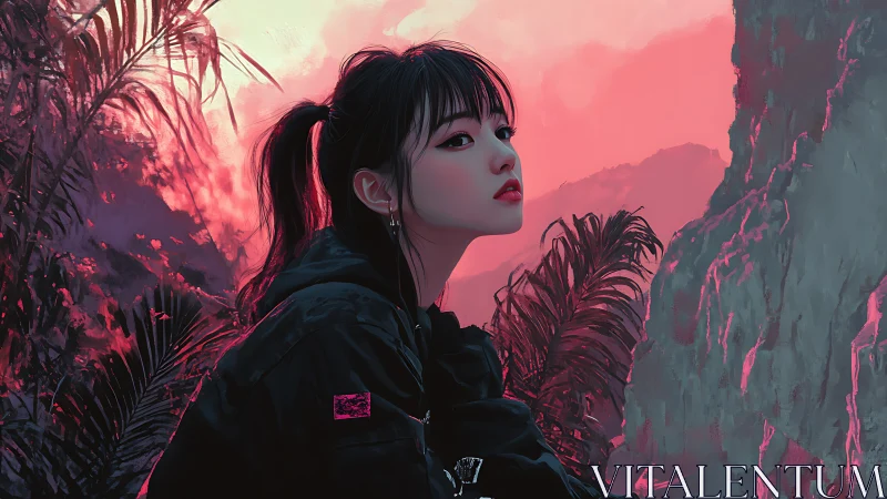 Solitary girl studies neon sunset sky over jungle cliffs