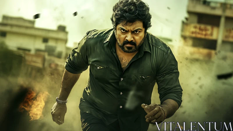 Determined street hero charging through swirling chaos.