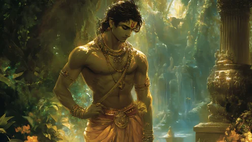 Male figure in ornate attire within dense forested ruins.