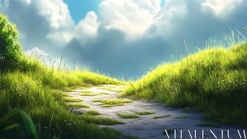 Sunlit meadow path under billowing midday cumulus clouds.