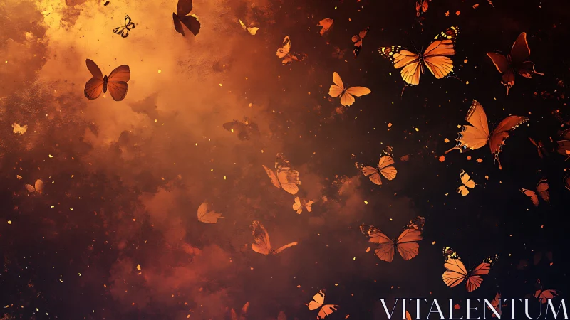 Luminous orange butterflies drifting through glowing dusk sky.