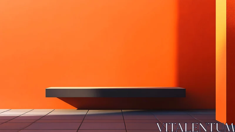 Minimal orange wall with floating bench in hard light.