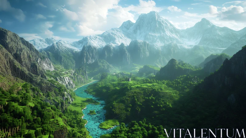 Voxel mountain valley with snow peaks and emerald river vista.