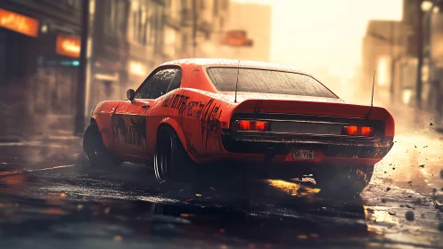 Dynamic rear drift shot of retro muscle car in wet street scene.