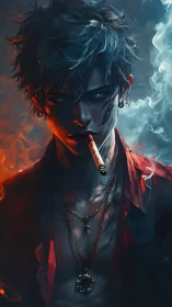Moody anime rebel exhales ember-lit smoke in darkness.