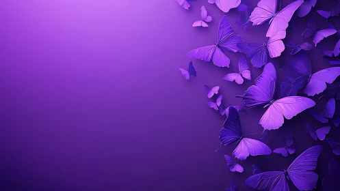 Violet gradient background isolates luminous digital butterflies in motion