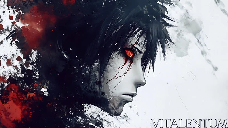 Profile view of monochrome anime face with red eye glow.