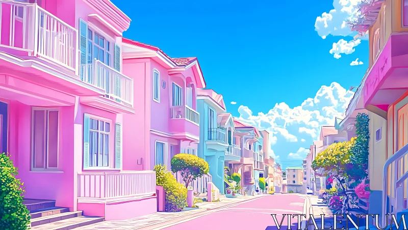 Pastel residential street with low-rise houses under sky.