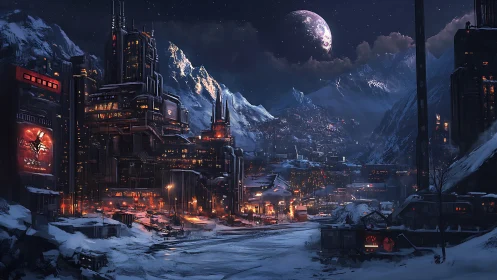 Futuristic industrial city glows in snowy mountain valley at night