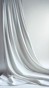 Soft white draped curtain falls in serene minimalist space