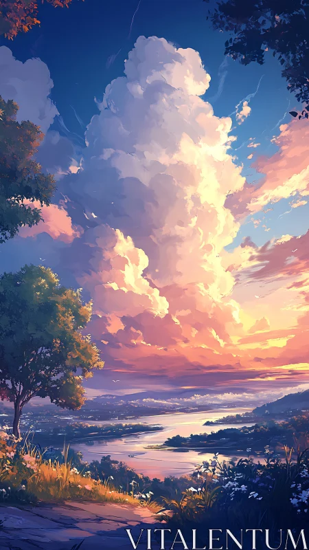 Sunlit clouds rise gently above a glowing riverside valley