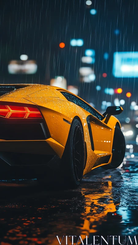 Yellow sports car in rainy neon city street at night.