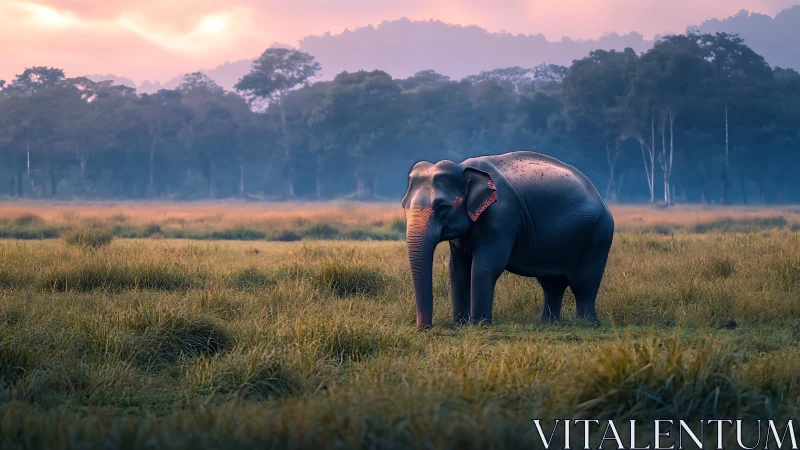 Solitary elephant stands in misty grassland at pastel sunrise