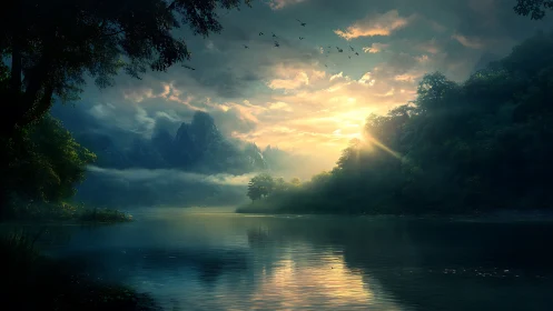 Backlit misty mountains over reflective river at low sunrise